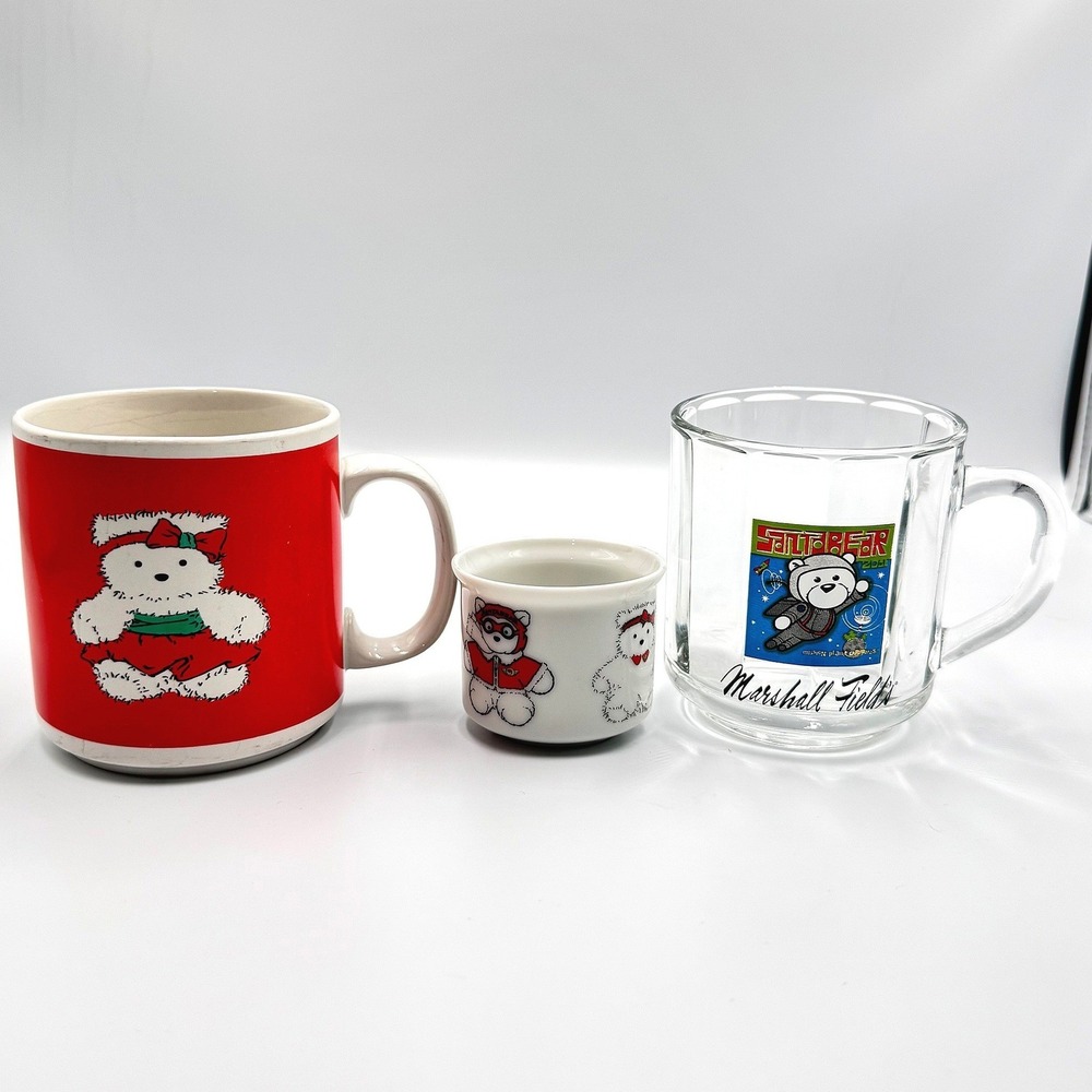 Marshall Field's Santabear Mug Lot of 2 + Mini Candle Lamp Base Christmas